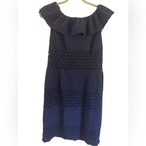 Karl Lagerfeld Paris Navy Off-Shoulder Eyelet Dress SZ 12 Ruffle Neck Cotton Mid